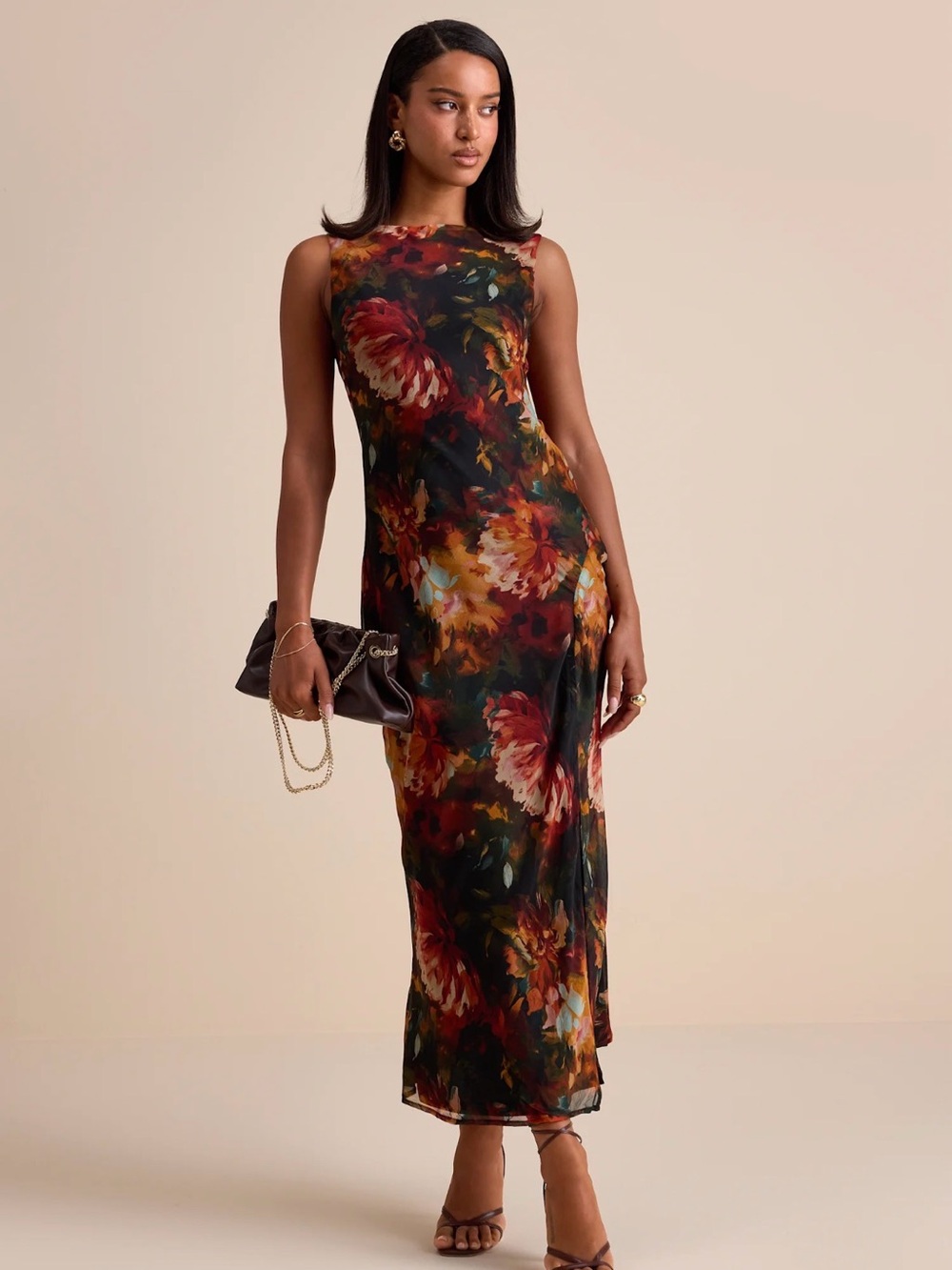 Yaneli Black Multi Floral Boat Neck Cowl Back Maxi Dress - with tags